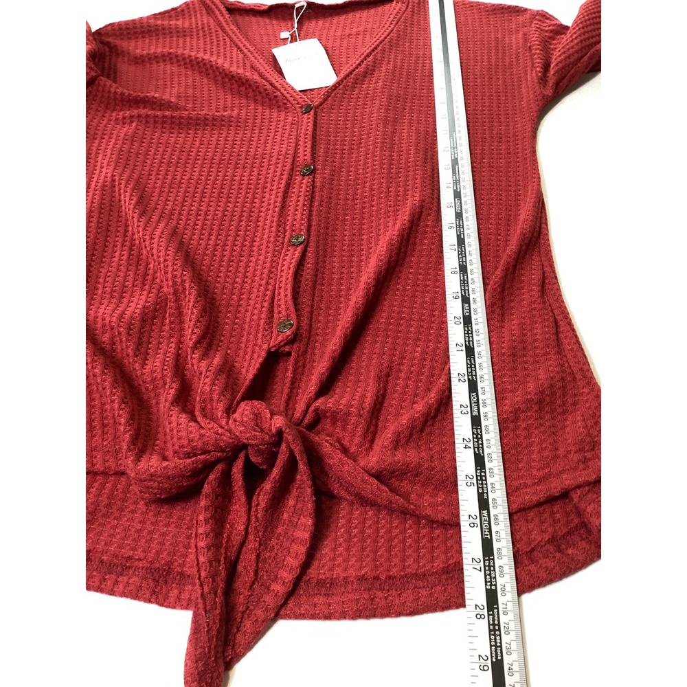 Inwech L NWT Red Waffle Knit Tie Front Button Down Long Sleeve Thermal Top Boho - Picture 5 of 7